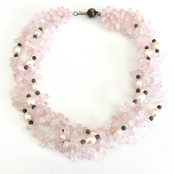 Vintage Pink Rose Quartz & Pearl 925 Sterling Silver Bead Triple Strand Necklace - Picture 1 of 10